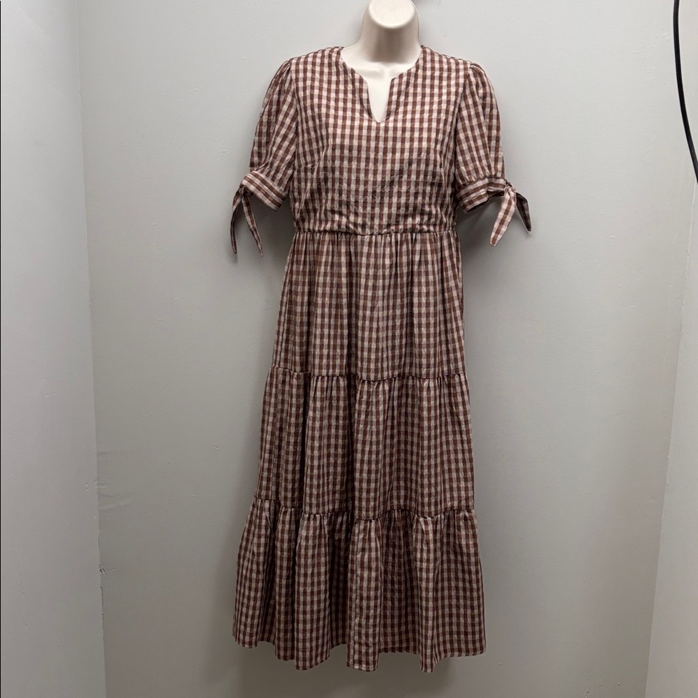 Brass & Roe The Claire Tie Sleeve Tiered Ruffle Brown Gingham Dress XS Modest